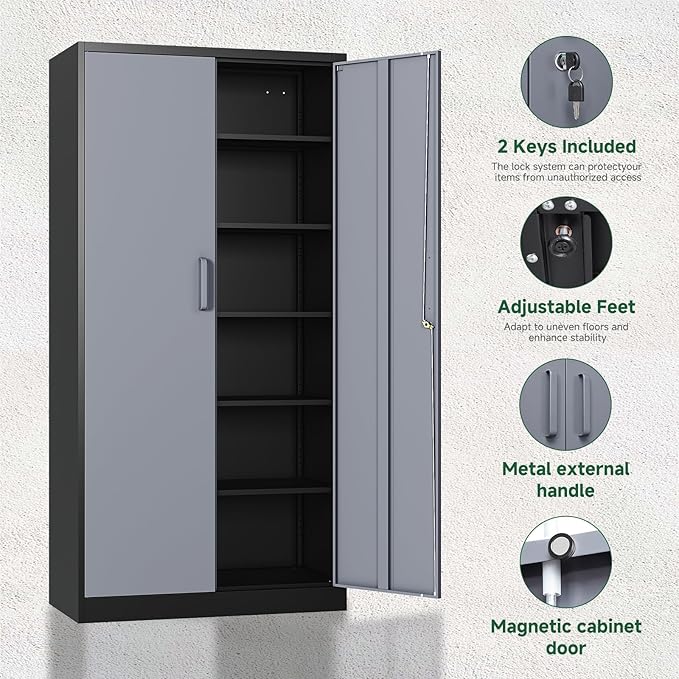 Letaya Metal Storage Cabinets with Lock Door and 5 Adjustable Shelves, Steel Garage Tool Organization Cabinets for Home,Utility Room, Warehouse,Lockers(71"-Black Gray) | Lock Door, 5 Adjustable Shelves, Garage, Lockers