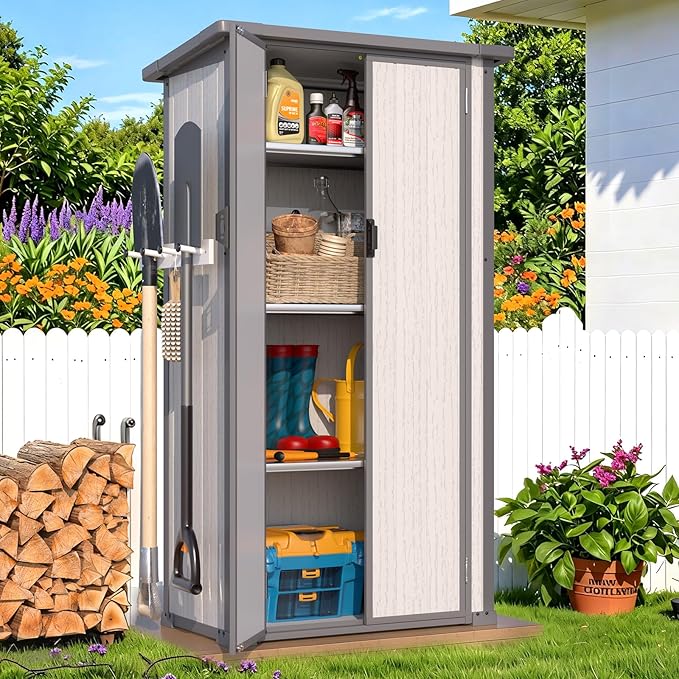 U-MAX Resin Outdoor Storage Cabinet Waterproof with Adjustable Shelves, Vertical Tall Plastic Storage Shed with Reinforced Floor, All Weather Sheds & Outdoor Storage Clearance with Base for Outside