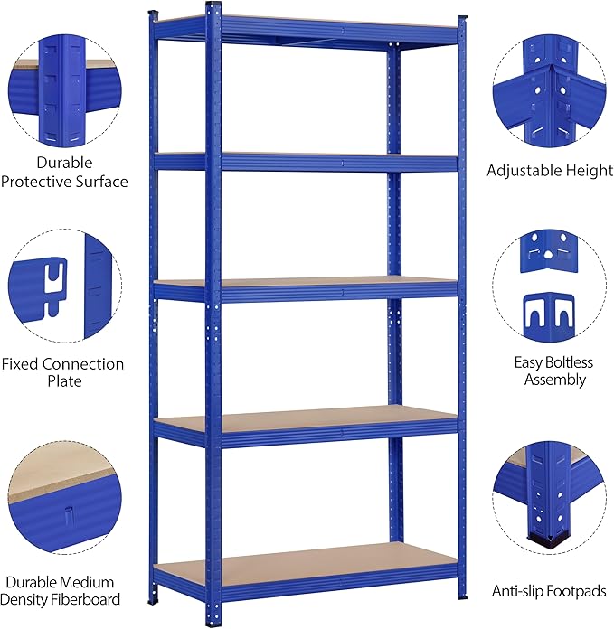 Topeakmart 5-Tier Utility Shelves, Metal Storage Shelves Unit Adjustable Garage Storage Shelves Racks Heavy Duty Shed Shelving- Blue, 35.5 x 16 x 71 Inch