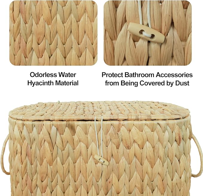 Toilet Paper Basket with Lid,Wicker Basket for Bathroom Organizers and Storage,Holds Up to 6 Mega Rolls, Decorative Hand-Woven Rattan Bathroom Decor Accessories,Natural Water Hyacinth