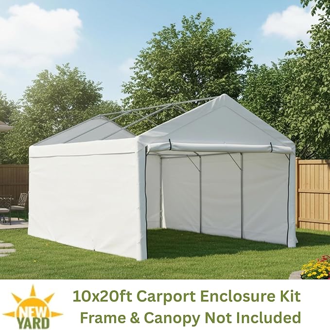 10x20 ft Carport Canopy Enclosure Kit - Heavy-Duty Waterproof Tarp with UV Protection, Easy Install Sidewalls, Back Panel and 2 Zipper Door (Frame and Canopy NOT Included)