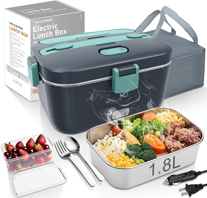 Electric-Lunch-Box-Heated-Food-Warmer 100W Heating Lunchbox for Adults 1.8L Portable Food Heater for Work/Car, 12V/24V/110-230V Lonchera Eléctrica Portátil with Fork Spoon (Gray+Green)