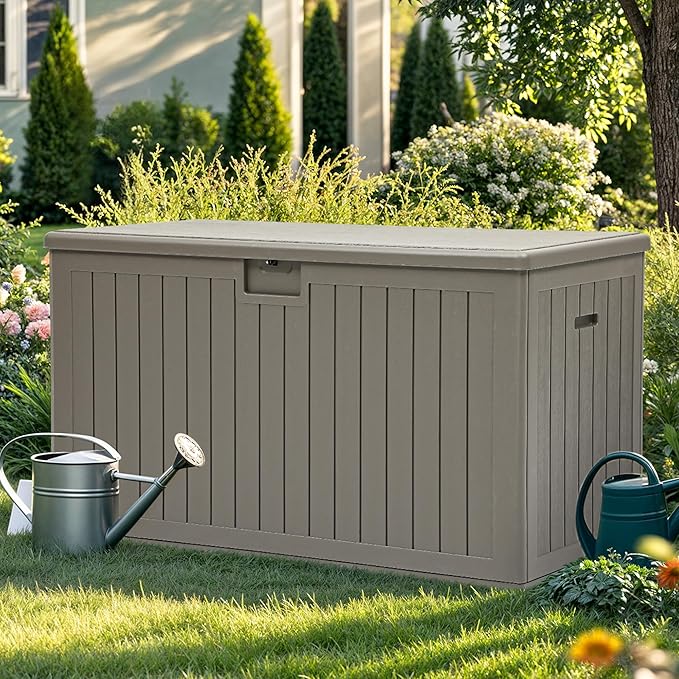 YITAHOME 220 Gallon Extra Large Deck Box, Double-Wall Resin Outdoor Storage Box with Flexible Divider for Patio Cushions Pool Supplies Garden Tools, 990 lbs Load Capacity, Lockable (Light Brown)