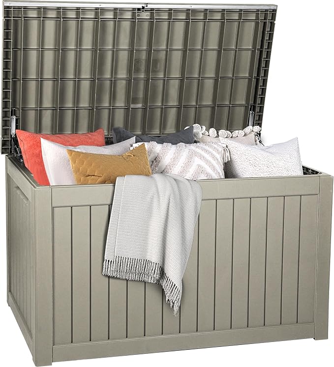 DWVO 230 Gallon Outdoor Storage Box, XXL Weather Resistant Resin Large Deck Box for Patio, Cushions, Tools, and Sports Equipment - Light Brown