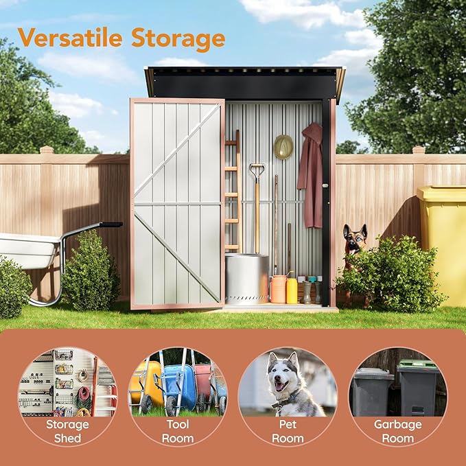 5X3X6.1FT Garden Storage Shed with Lockable Door,Steel Tool Shed with Sloping Roof,Anti-Corrosion Metal Shed for Backyard Patio Lawn (Light Wood Grain)