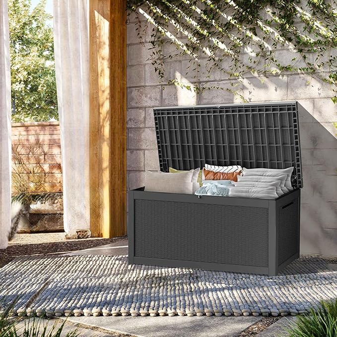 320 Gallon Outdoor Storage Box, Extra Large Waterproof Resin Deck Box with Lockable Lid Storage Bin for Patio Furniture Cushion, Garden Tools, Pool Accessories, UV-Resistant Outside, Black