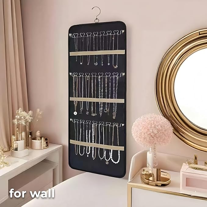 Hanging Jewelry Organizer - Dual-Sided Necklace Holder Wall Mount & Over The Door Closet Storage - Pockets Large Capacity Accessory Holder for Earrings, Rings,Bracelets - 360° Rotating (1, black, XL)