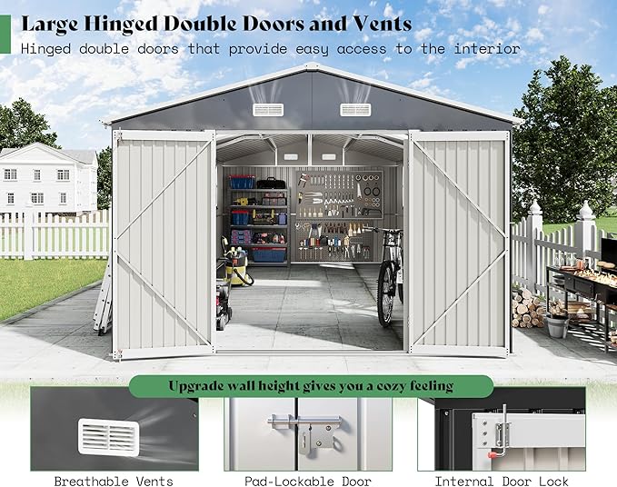 AMERLIFE 10x16x7 FT Outdoor Storage Shed with 2 Transparent Panels, Metal Garden Shed with Hinged Double Doors, 4 Windows & 4 Vents, Reinforced Steel Frame for Backyard, Garden, Dark Gray
