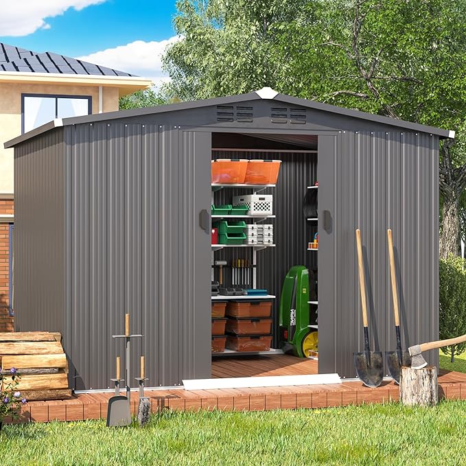 AECOJOY 6'x8' Outdoor Storage Shed with Sliding Door, Garden Sheds & Outdoor Storage Clearance 8x6, Waterproof Tool Storage Cabinet Weatherproof for Yard in Dark Grey