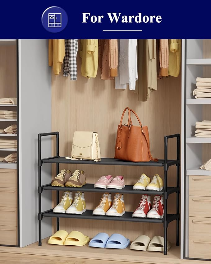 Kitsure Shoe Rack - 3-Tier Shoe Organizer, Shoe Rack for Closet, Entryway, Bedroom, Easy- Assembly Storage Shelf with Side Handles, 27.6" Wide - 3 Tiers, Black