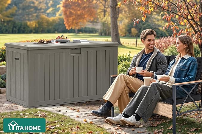 YITAHOME 220 Gallon Extra Large Deck Box, Double-Wall Resin Outdoor Storage Box with Flexible Divider for Patio Cushions Pool Supplies Garden Tools, 990 lbs Load Capacity, Lockable (Light Brown)
