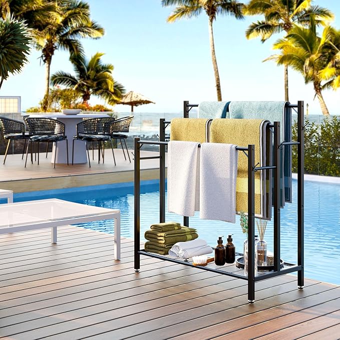 3 Tier Towel Rack with Large Storage & 6 Hooks, Blanket Rack for Oversized Bath Towels, Free Standing Pool Towel Rack Stand for Bathroom Pool Indoor/Outdoor, 35.8" H x 31.5" L x 11.8" W