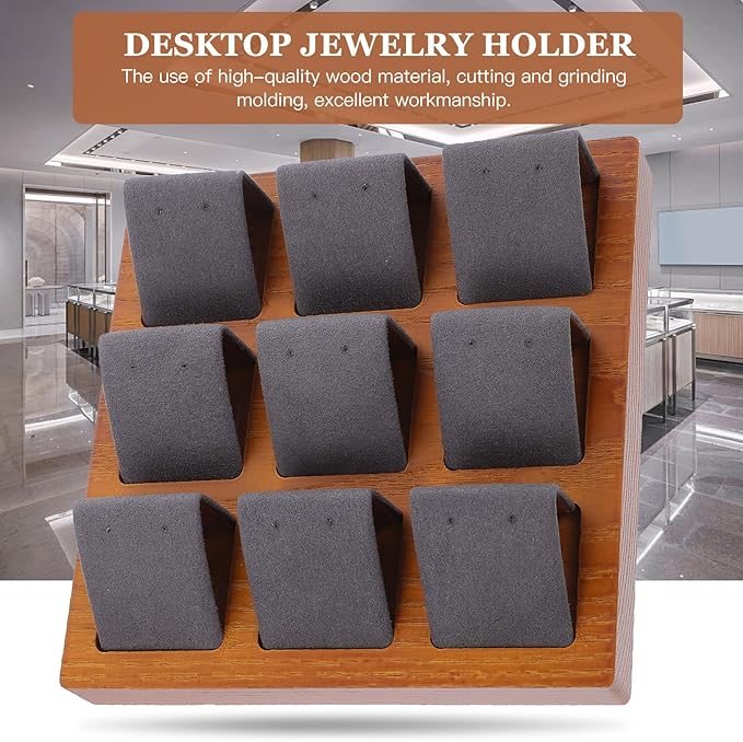 Cabilock Wooden Jewelry Display Stand Earring Organizer Rack with Velvet Leather 9-slot Holder Jewelry Storage Shelf for Women Desktop Accessory Organizer