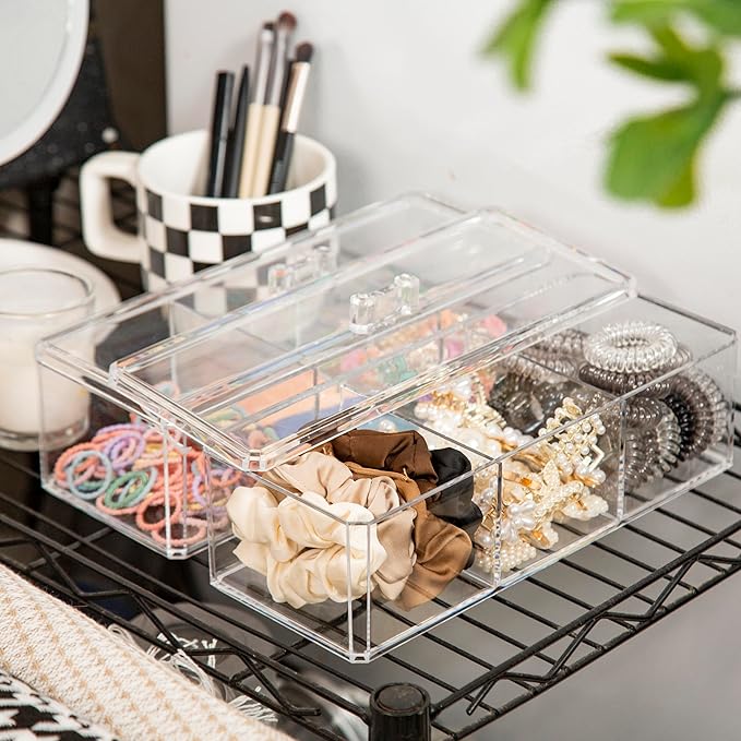 Hair Accessories Organizer for Girls, Acrylic Hair Tie Organizer for Headband, bows, Hair Clip, Cotton Swab Organization, Hair Clip Holder, 3 Compartments Hair Organizer Storage with Lid