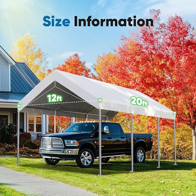 ADVANCE OUTDOOR Replacement Top Cover Tarp for 12x20 ft Carport Canopy with Ball Bungees, White, One Roof Only