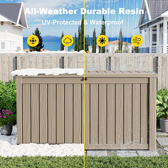 200 Gallon Outdoor Deck Box,Waterproof Resin Outdoor Storage Boxes, Outside Storage Lockable Container for Garden Tools,Indooor Cushions,Accessories (Grey)