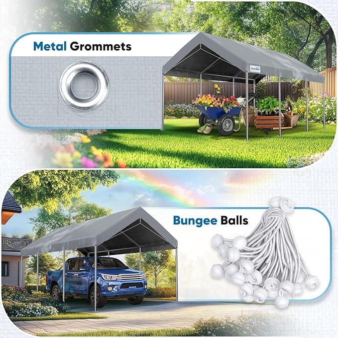 ADVANCE OUTDOOR Replacement Top Cover Tarp for 10x20 ft Carport Canopy with Ball Bungees, Sliver Gray, One Roof Only