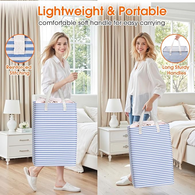 3 Pack Large Laundry Basket,Waterproof & Freestanding Laundry Hamper,Collapsible Clothes Hampers with Easy Carry Long & Reinforced Handles in Bathroom,College Dorm(125Lx3,Blue)