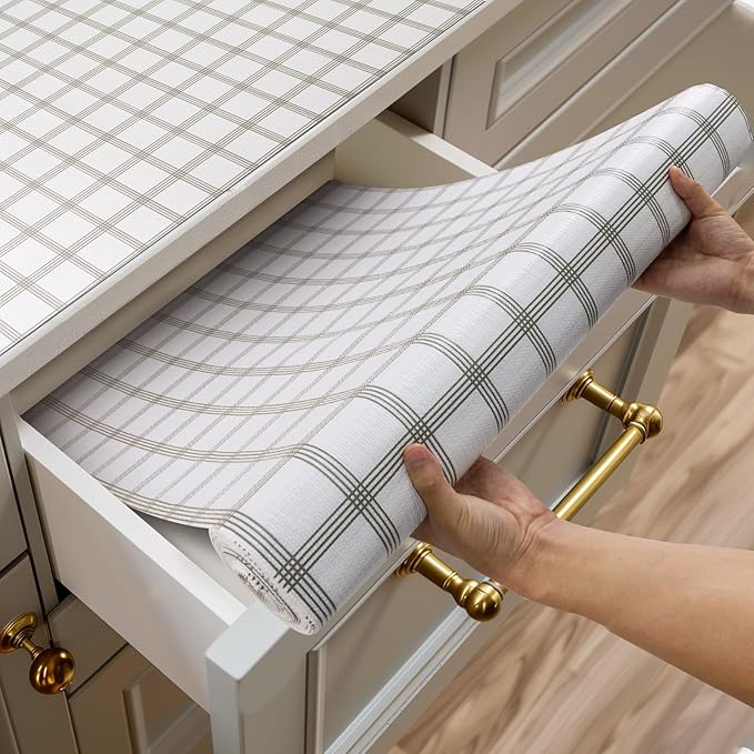 Shelf and Drawer Liner for Kitchen Cabinets Non-Adhesive, Strong Grip Non-Slip Thickened Cabinet Liners for Shelves, Waterproof Mats for Dresser Cupboard, White Square, 12 in x 20 Feet