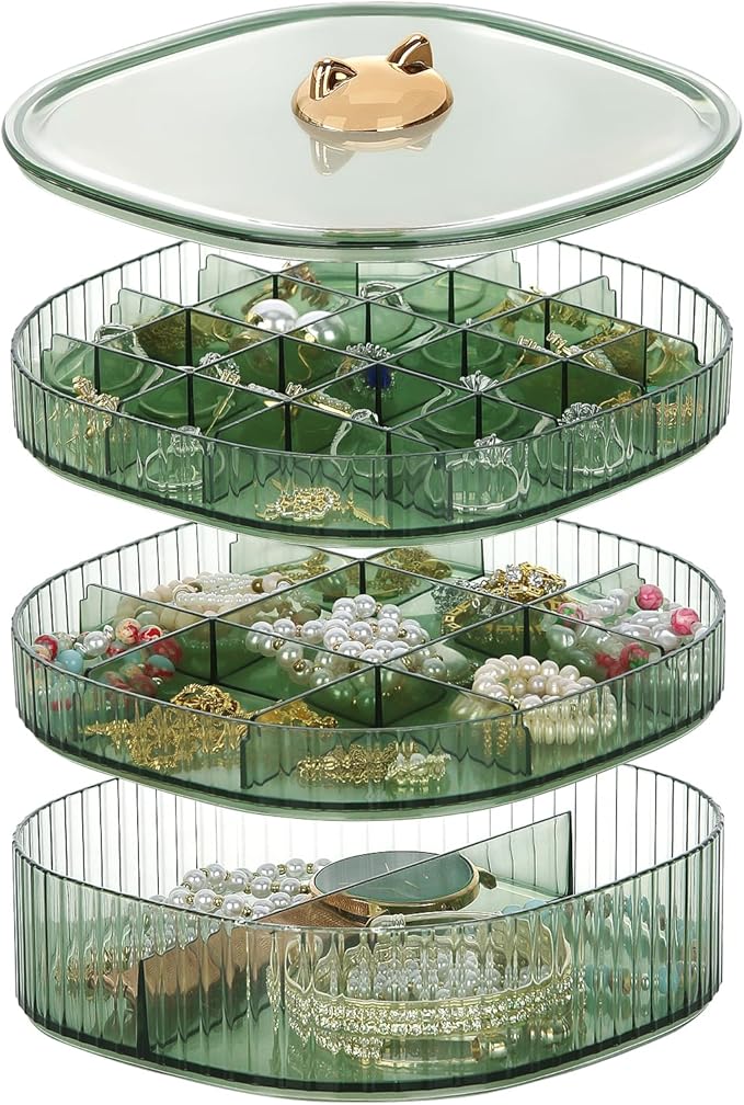 LETURE 3-Layer Acrylic Jewelry Organizer Box for Stud Earrings, Rings, Necklaces, Bracelets, Claw Clip Organizer, Small Bead Storage Containers for Crafts (Green Style2)