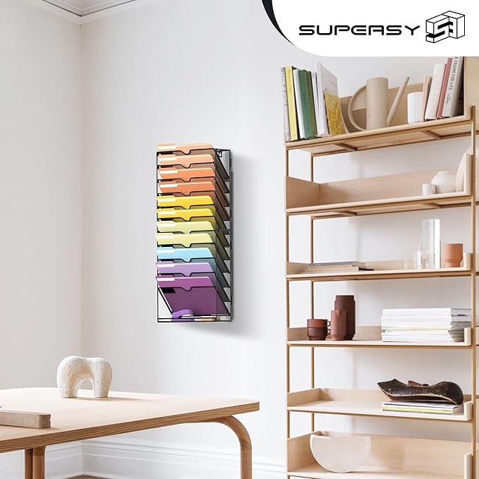 SUPEASY 12-Tier Hanging Wall File Holder Organizer for Papers, Folders, Files Clipboard & Magazine Organization Great for Office Home, Assembly Needed, Black