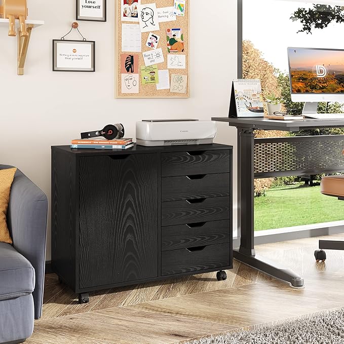 DEVAISE Mobile File Cabinet, 5-Drawer Wood Storage Chest with Door, Printer Stand for Home Office, Black
