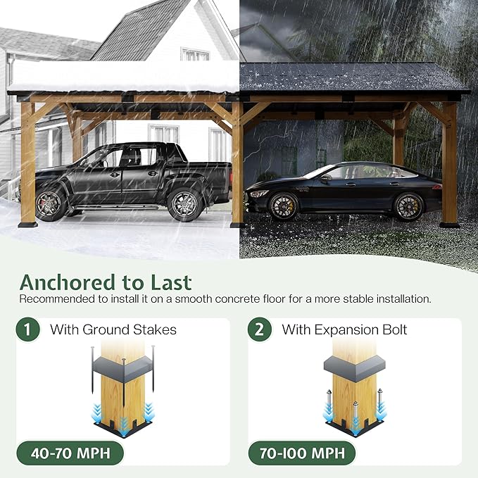 Jocisland 12x24x9.5 FT Cedar Wood Hardtop Carport with Galvanized Steel Roof, Waterproof Outdoor Gazebo Pavilion, Heavy-Duty Snow & Wind Resistant Canopy for Patio, Driveway, Garden