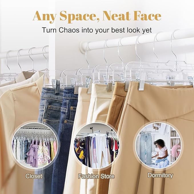 HOUSE DAY 100 Pack Skirt Hangers with Clips, Clear Plastic Pants Hangers with 2-Adjustable Clips，Non-Slip Clip Hanger for Pant, Skirts, Shorts, Bulk Retail Hanger