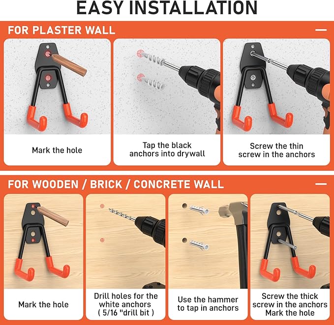 30 Pack Garage Hooks Heavy Duty, Rust-Resistant Solid Steel Wall Mount Hangers for Hanging Ladders & Bikes, Non-Slip PVC Coating Tool Organizer, 5 Sizes U & J Shapes + 2 Straps