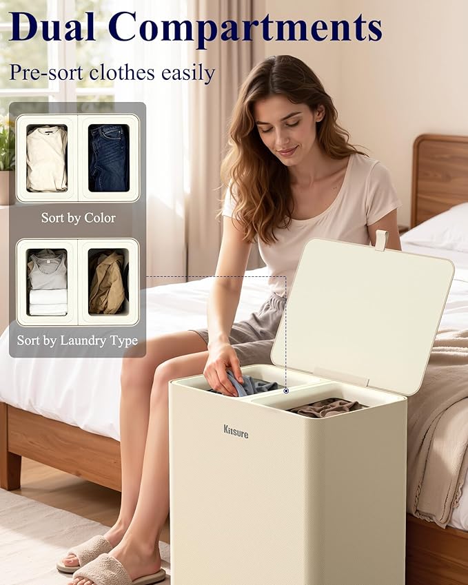 Kitsure Laundry Basket 95L – Large Laundry Hamper with Lid, 2-Compartment Divided Clothes Sorter with Removable Hamper Bags, Beige Organizer for Laundry Room, Bathroom & Bedroom, 22.2" x 16" x 27.4"