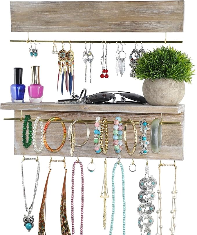 Spiretro Wall Mounted Wood Jewelry Organizer with Metal Bars, Set of 2