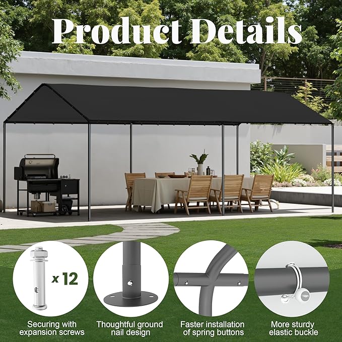 Carport, 10‘ x 20’ Heavy Duty Portable Garage All-Season Car Canopy, Outdoor Garage Boat Shelter Carport Canopy Party Tent w/Water-Resistant Tarp for Backyard (Black, 10' x 20' /no Side)