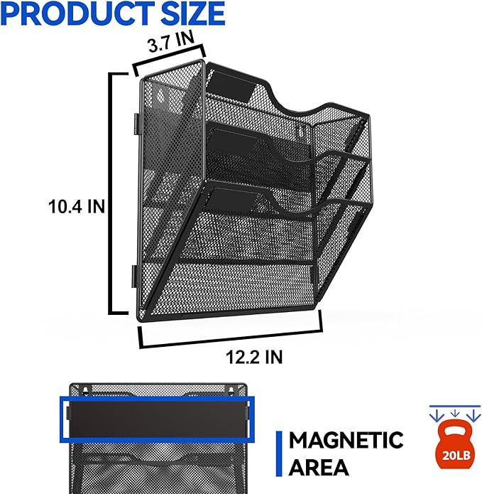 3 Tier Magnetic File Holder for File Cabinets, Refrigerator, Whiteboard, Office, No Drilling Installation Large Capacity Black Magnetic File Holder