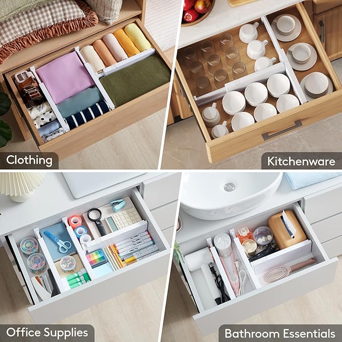 Lifewit 4 Pack 4" High Drawer Dividers 28-43.5cm/11-17" Adjustable Drawer Organizer for Clothes/Utensils, Expandable Drawer Separator in Dresser/Kitchen/Bedroom/Office Organization & Storage White