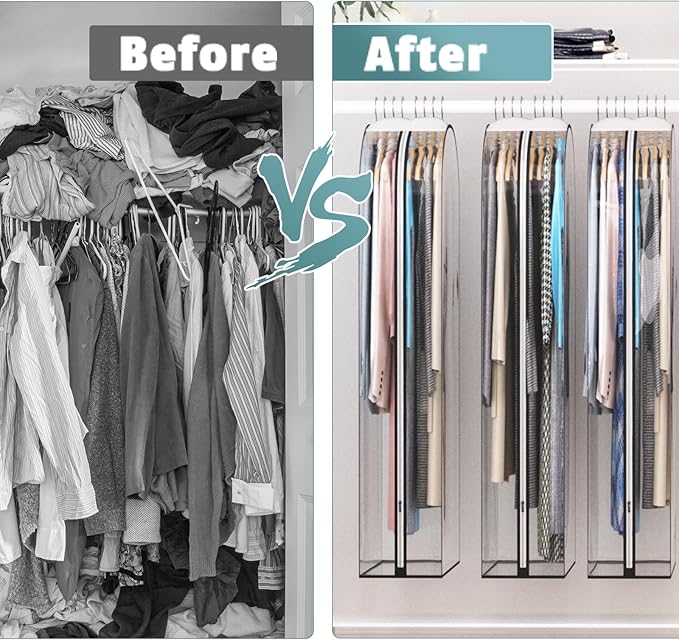 Clear Garment Bag for Hanging Clothes 10” Gusseted, 60” Suit Bags for Open Closet Storage Plastic Clothes Cover for Coat, Dress, Shirts, Fur, Jacket, Wardrobe Protectors, 4 Pack