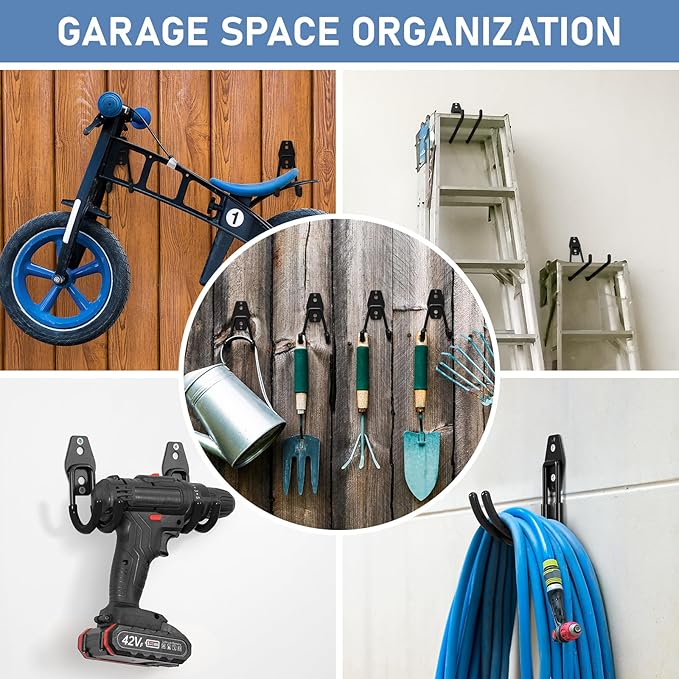 30 Pack Garage Hooks Heavy Duty, Rust-Resistant Solid Steel Wall Mount Hangers for Hanging Ladders & Bikes, Non-Slip PVC Coating Tool Organizer, 5 Sizes U & J Shapes + 2 Straps