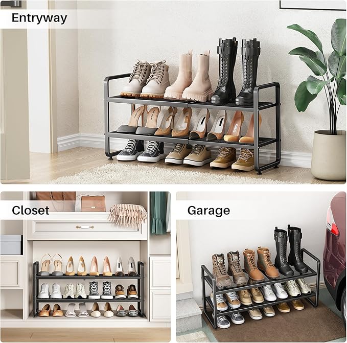 SNTD Shoe Rack - Expandable Shoe Organizer for Closet, Adjustable Metal Shoe Shelf Storage, Stackable Long Shoe Stand Holder for Garage, Entryway, Door Entrance (Black, 2-Tier)
