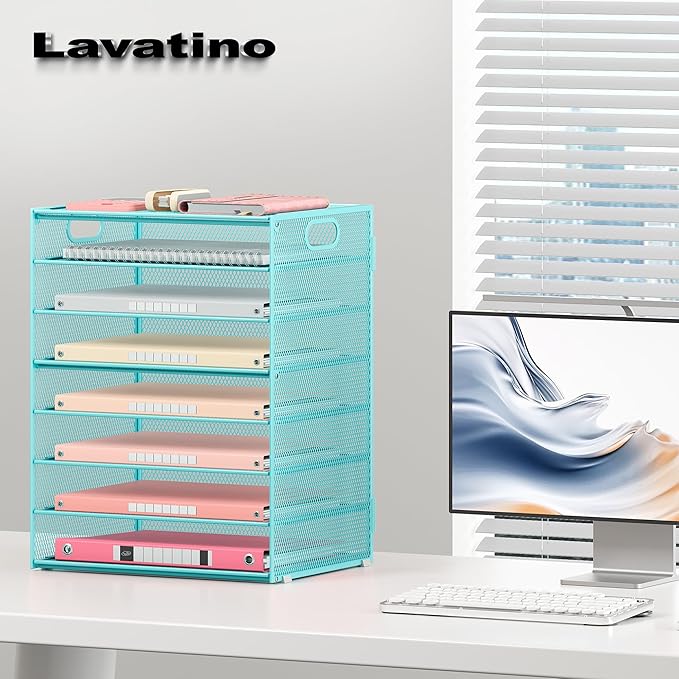 Lavatino 8-Tier Office Desk File Organizer, Letter Tray Paper Organizer with Handle, Including 5 Adjustable Slide Trays for Organizing Desktop Workspace Accessories and Supplies (Blue Metal Mesh)