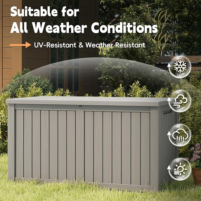 Outdoor Storage Box, 200 Gallon Waterproof Resin Deck Box, Storage Bin for Package Delivery, Patio Furniture Cushion, Garden Tools, Pool Accessories, Weatherproof and UV Resistant, Grey