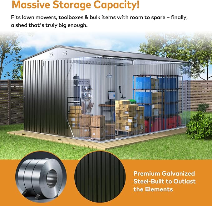 10 x 10 FT Outdoor Storage Shed, Metal Waterproof Storage Shed Steel Utility Garden Tool Shed with Door & Lock Outdoor Storage for Garden Patio Lawn Poolside Black