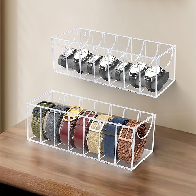 Belt Organizer, Acrylic Belt Storage Organizer for Closet with Dust Cover and Drawer,7 Compartments Transparent Display Case for Belts