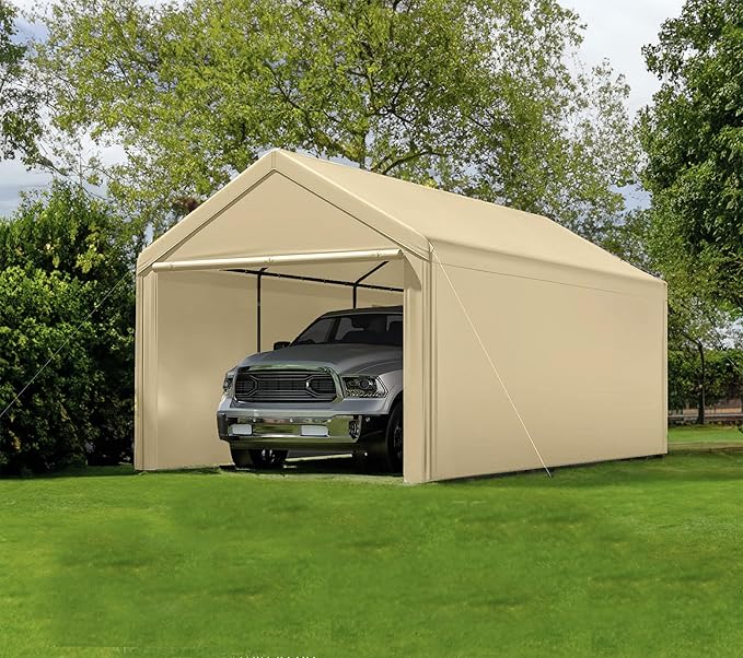 Carport 10x20 Ft Heavy Duty Canopy Steel Canopy Storage Shed,Portable Garage Party Tent,Portable Garage with Removable Sidewalls & Doors All-Season Tarp for Carport (Beige)