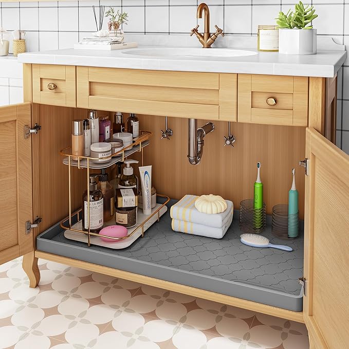 Jin&Bao Waterproof Under Sink Mat 40" x 19", Thick Silicone Mat Cabinet Protector for Kitchen and Bathroom, Shelf Liner, Home Organizer and Storage, Multipurpose Tray for Gadgets and Essentials