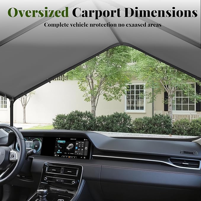 Carport, 10‘ x 20’ Heavy Duty Portable Garage All-Season Car Canopy, Outdoor Garage Boat Shelter Carport Canopy Party Tent w/Water-Resistant Tarp for Backyard (Grey, 10' x 20' /no Side)