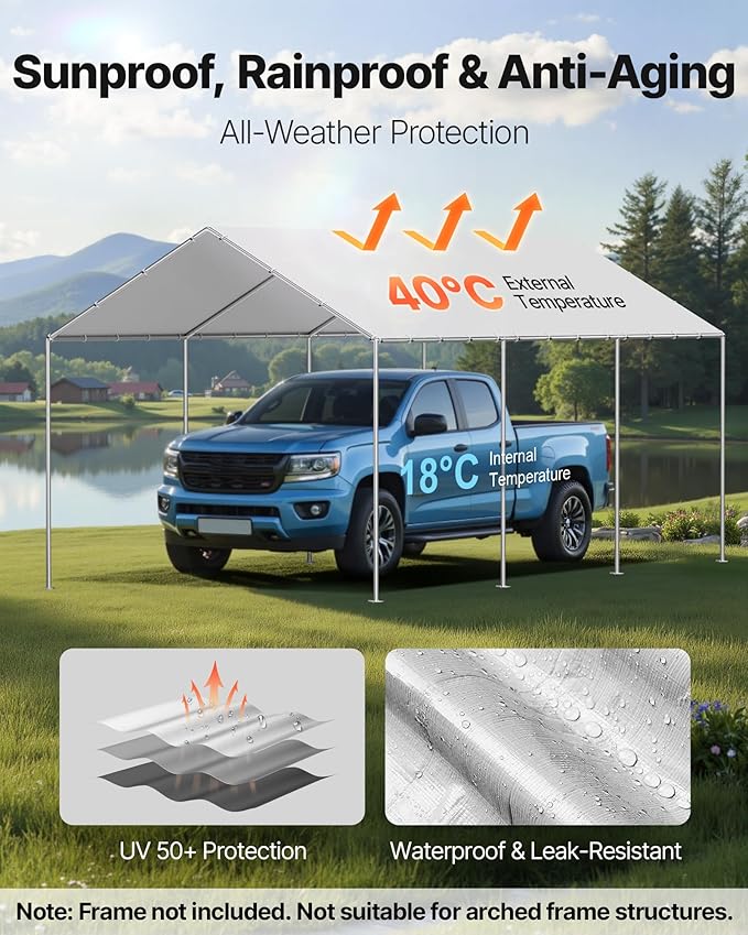 VEVOR Carport Replacement Canopy Cover, 10 x 20 ft Potable Garage Tent Top Tarp, UV-Resistant & Waterproof Car Shelter Tarp, Heavy Duty Car Port Cover with Ball Buggees, Grey, Frame Not Included