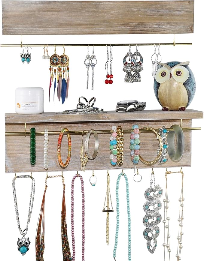 Spiretro Wall Mounted Wood Jewelry Organizer with Metal Bars, Set of 2