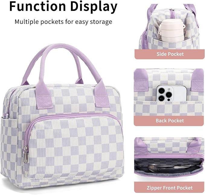 Lunch Bag Women Lunch Box for Women Adult Cute Insulated Lunch Bag Lager Cooler Lunch Tote Bags for Work Picnic (Beige-Purple Plaid)