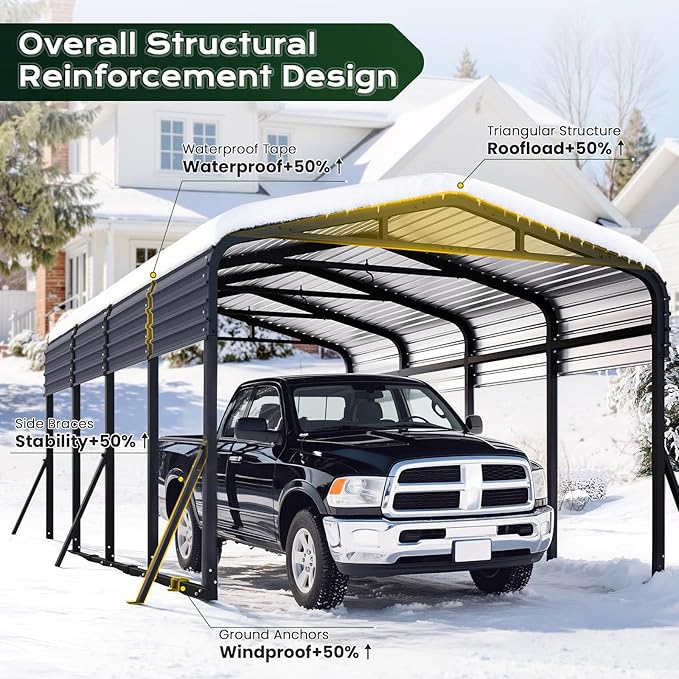 12x20FT Heavy Duty Metal Carport, Outdoor Portable Car Garage w/Reinforced Support Rods & Windproof Ground Anchors, All-Season Versatile Outdoor Shelter for Car Boats Truck