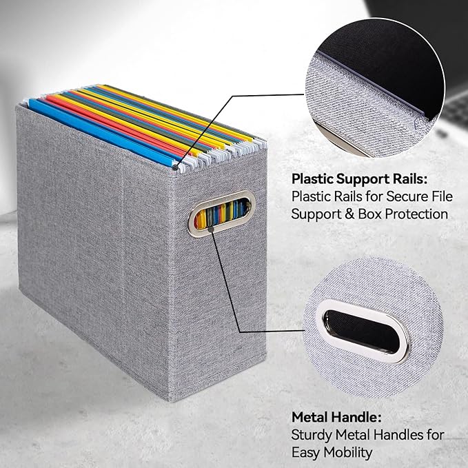 4 Packs Letter Size File Organizer, File Folders Organizer, Fabric Storage Box, Collapsible Paper Organizer with Metal Handle, Smooth PVC Rails, Only Box (Gray)