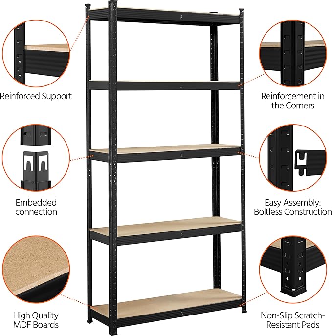 Topeakmart 5-Tier Utility Shelves, Metal Storage Shelves Garage Shelving Unit Adjustable Garage Storage Shelves Storage Racks Heavy Duty Shed Shelving- Black, 35.5 x 12 x 71 Inch